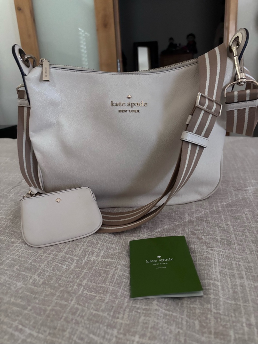 kate spade Cream Leather large  Crossbody Bag with Striped Strap and coin pouch